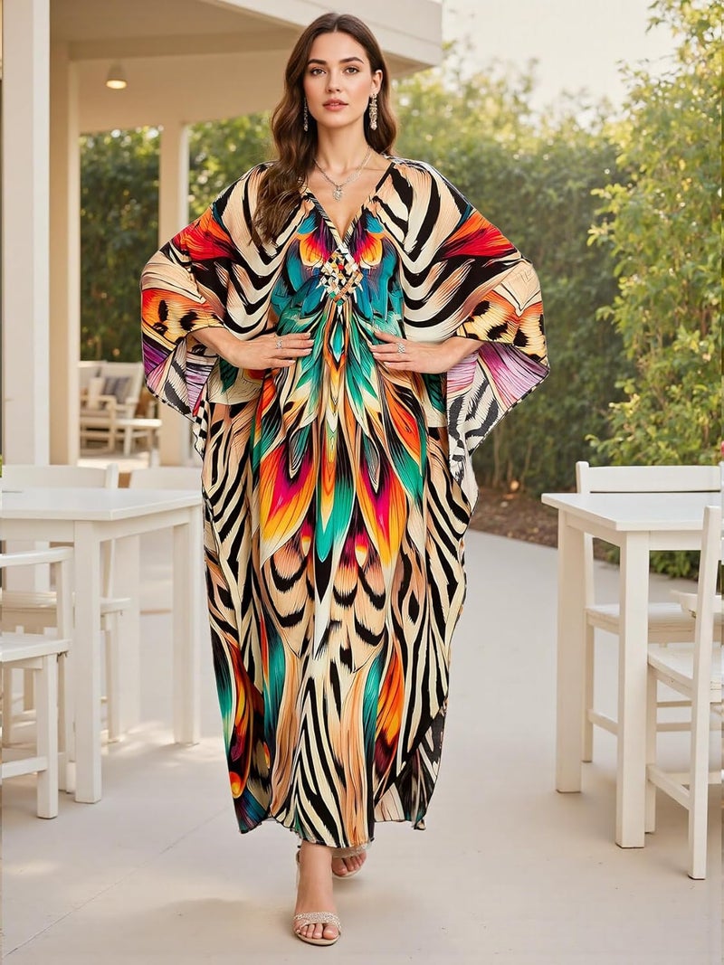 IMAGEKOPE Women's Plus Size Animal Print V-Neck Batwing Kaftan Beach Dress Bathing Suit Cover-Up Loungewear - Image 4